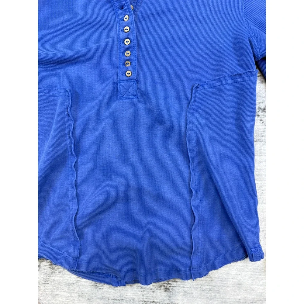 DIY We The Free Free People Blue Henley Thermal Waffle Knit Long Sleeve Top L - Picture 5 of 9